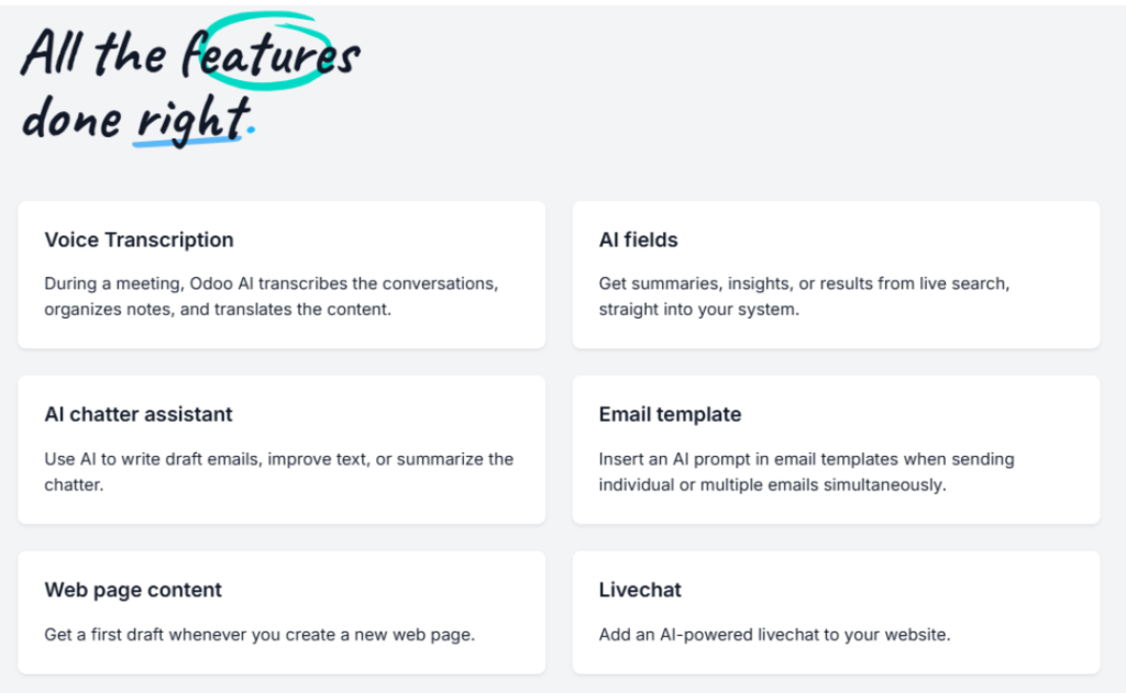Hero banner with the phrase “All the features done right” and teal scribble marks above a grid of feature cards on a light gray background.