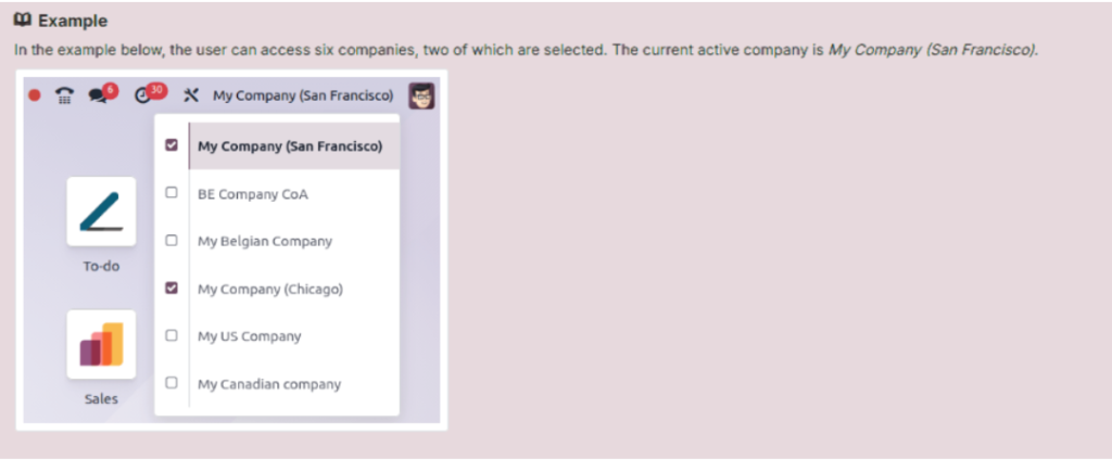 UI mockup of a panel listing six companies with two selected; My Company (San Francisco) is active in the header area.