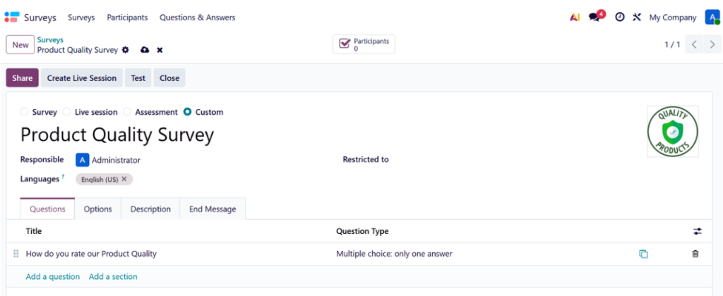 Admin dashboard: Product Quality Survey setup screen with tabs (Questions, Options, Description, End Message) and one question: 'How do you rate our Product Quality' (Multiple choice: only one answer)