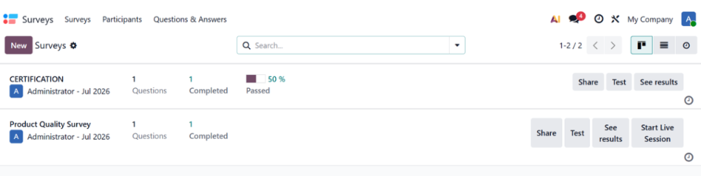 Two surveys are listed: Certification (Administrator, Jul 2026) with 1 question and 1 completed; 50% passed. Product Quality Survey (Administrator, Jul 2026) with 1 question and 1 completed. Action buttons: Share, Test, See results; Start Live Session for the latter.