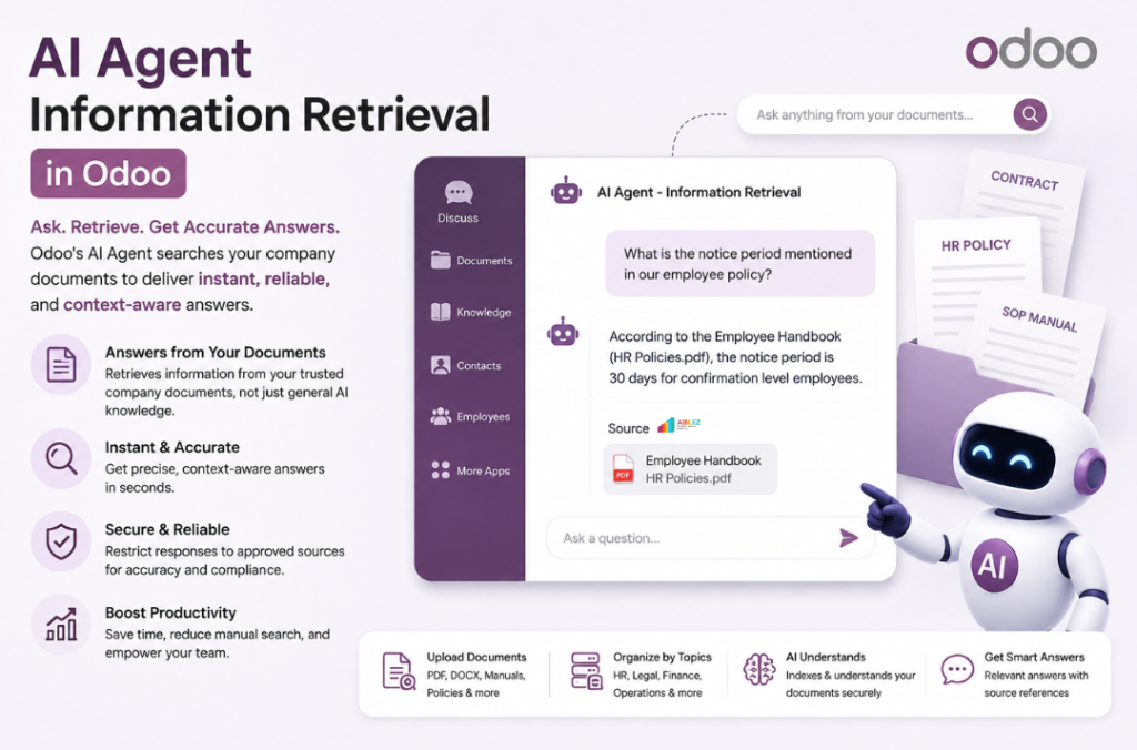 Promotional banner for Odoo's AI Agent Information Retrieval showing a chatbot UI, a purple gradient theme, and a friendly robot mascot.