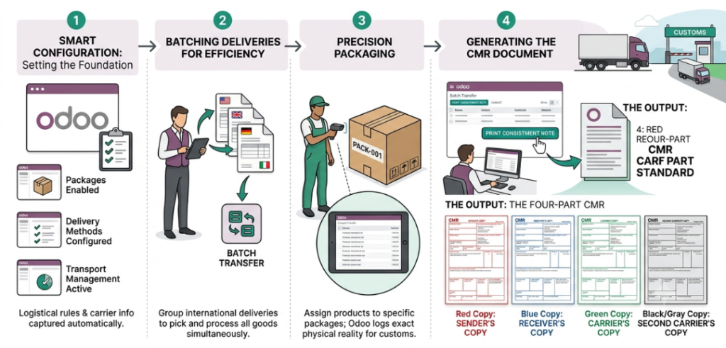 Workflow infographic showing steps from smart configuration to batching, precision packaging, and generating the four‑part CMR document.