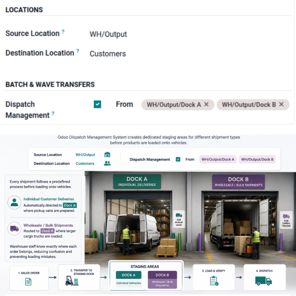Screenshot of the dispatch management UI showing Source: WH/Output to Destination: Customers with Dock A and Dock B staging areas and trucks loading/ unloading at a warehouse dock area.
