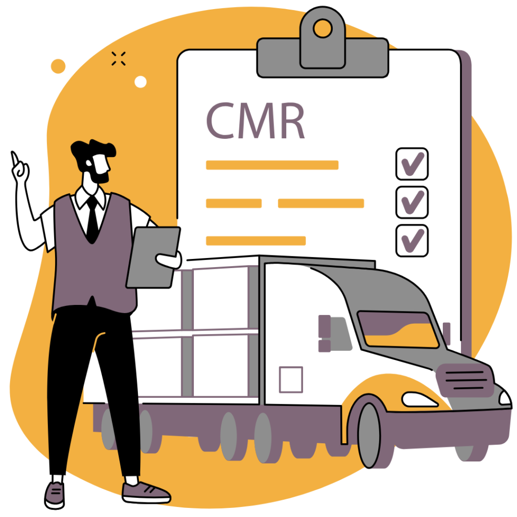 Illustration of a man with a clipboard beside a delivery truck and a large clipboard labeled CMR with checkmarks.