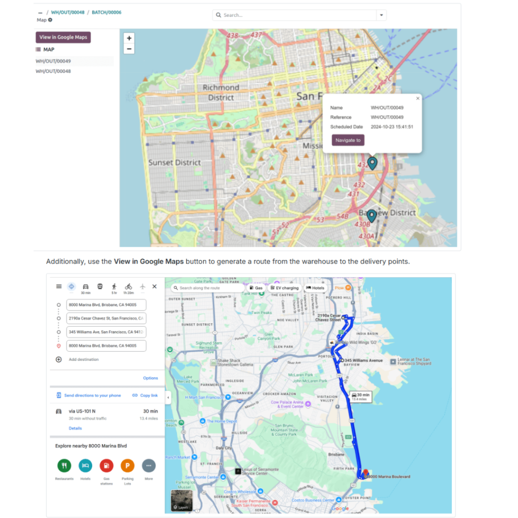Interactive map of the San Francisco area with markers and a floating info card showing name, reference, schedule date, and a Navigate button.