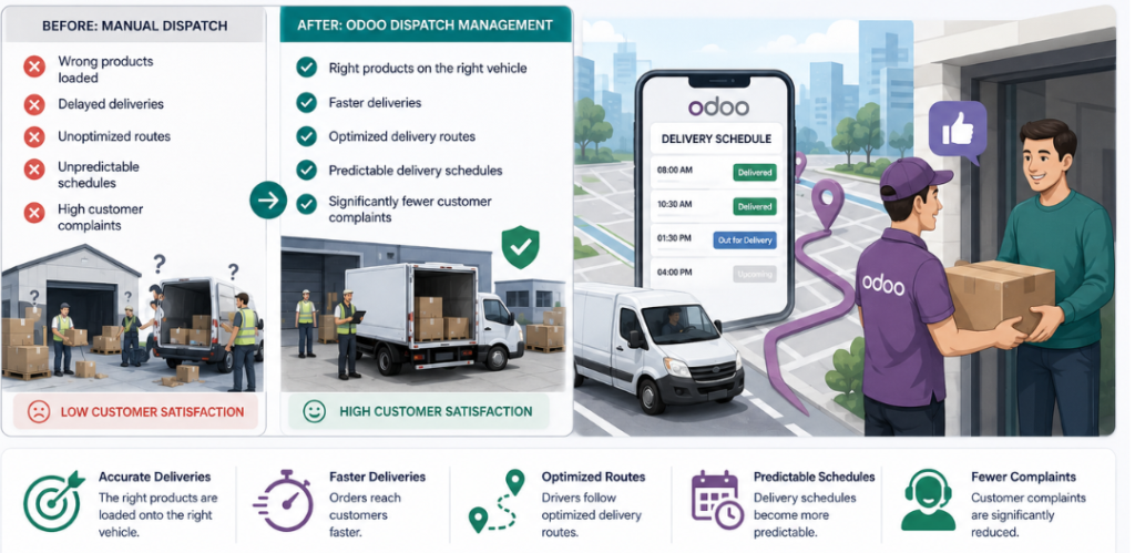 Infographic comparing manual vs. Odoo dispatch management, highlighting improved deliveries and customer satisfaction.