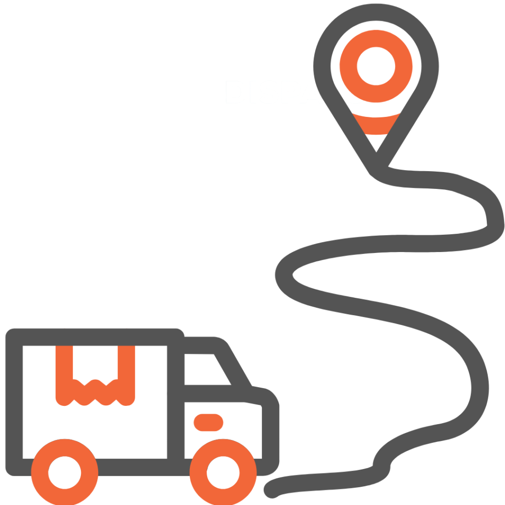 Delivery truck with a winding road leading to an orange map pin location marker.